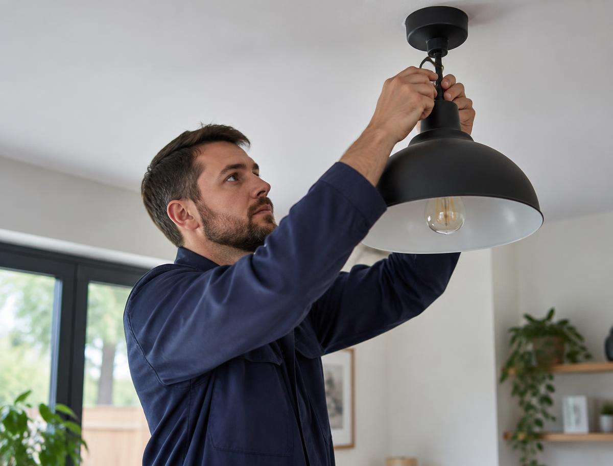 Electrician carefully installing a ceiling light fitting